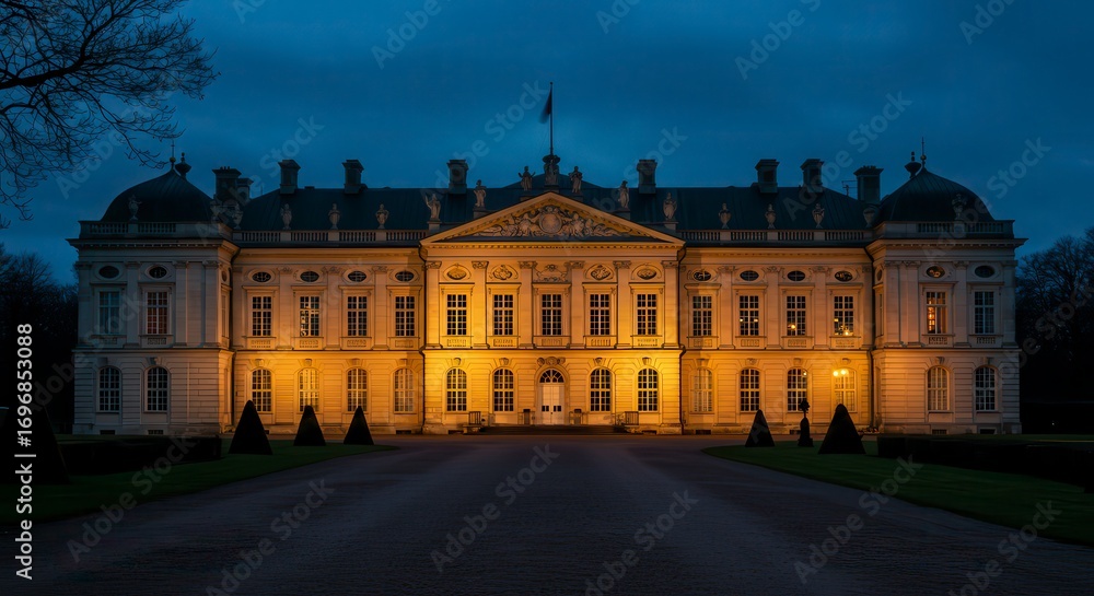 Fototapeta premium Gilded manor illuminated at blue hour with reflective wet stone and elegant path leading lines; architecture image for luxury real estate, hospitality branding, and high-end destination marketing.