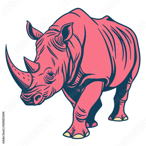 Pink rhinoceros illustration with bold outlines and dark blue accents