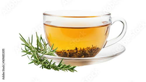 Clear Cup of Herbal Tea with Rosemary isolated on a Transparent or white Background