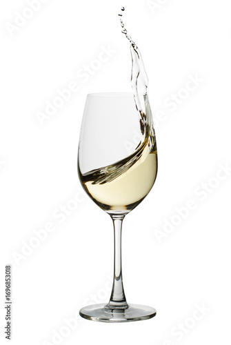 A crystal goblet holds a single, elegant pour of red wine, a perfect isolated beverage for celebration
