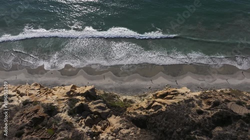 Aerial view of the iconic sandstone cliffs and pacific coastline from above Torrey Pines in Southern California 