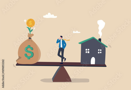 Decision between pay off mortgage or invest in stock market, most benefit or profit, financial decision, option to choose concept, businessman think between pay off mortgage and invest for profit.