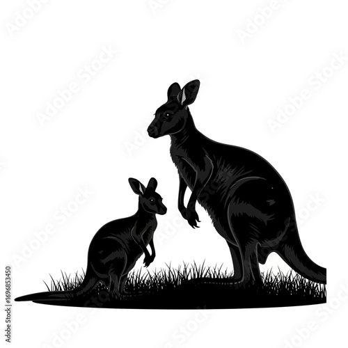 Mother and baby kangaroo silhouette on grass isolated on white background
