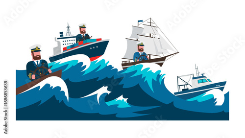 Seafaring Vessels on the Waves: A vibrant illustration captures various nautical vessels navigating tumultuous ocean waves, showcasing the dynamic interplay between man and the sea.