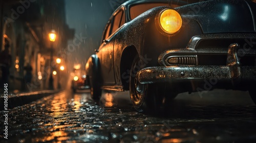 Vintage Cars on Wet City Street at Night.
