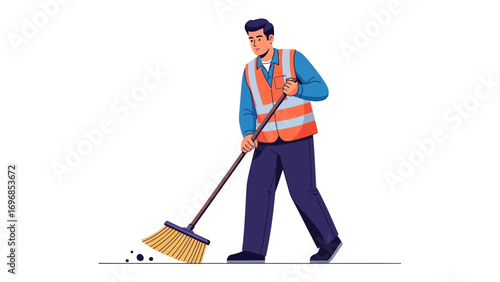 The Vigilant Janitor: This illustrated image showcases a diligent worker meticulously sweeping, reflecting the beauty of dedication and environmental care.