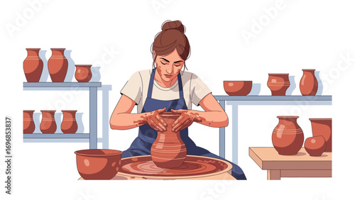 Artisan Shaping clay: A skilled artisan sculpts a pot on a pottery wheel, showcasing the beauty of ceramic art and the focus of creation in a quaint studio.