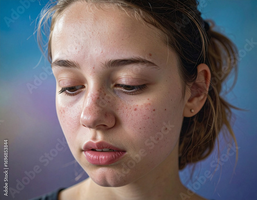 Teenage girl face with pimples and acne close-up face with sad and worried look