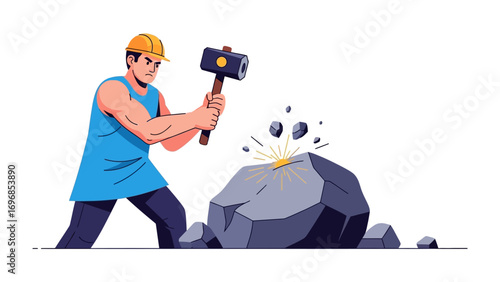 Breaking the Barriers: A construction worker diligently hammers away at a large rock, showcasing determination, the essence of hard work, and perseverance in achieving goals