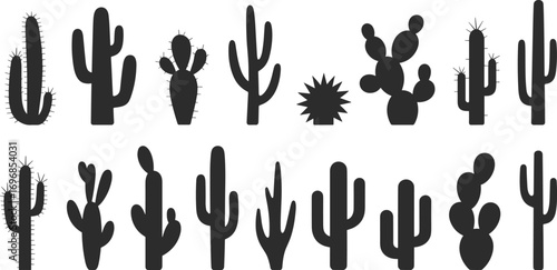 Set of various cactus silhouettes in vector style, perfect for desert themes, botanical illustrations, and southwest nature inspired designs.