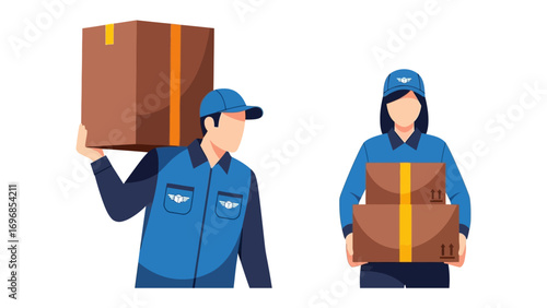 Delivery Duo: A pair of delivery personnel in blue uniforms, each carrying packages with a focused expression, symbolizing reliable service and the timely arrival of goods. 