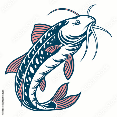 Detailed illustration of a dark catfish with pink fins