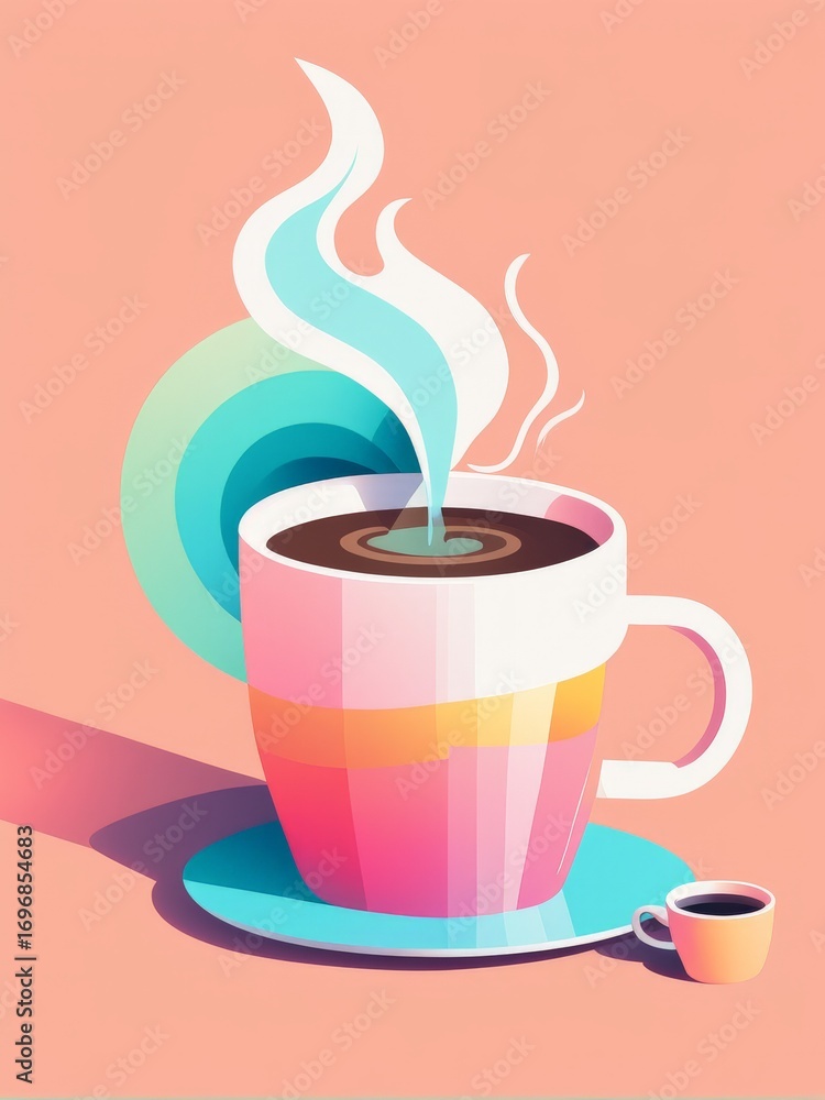 Obraz premium A stylized illustration of a steaming cup of coffee in an abstract setting