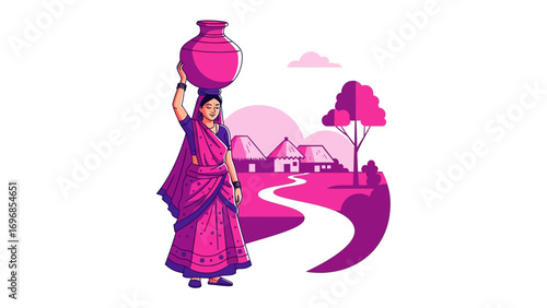 Village Life: Illustration featuring a woman balancing a water pot atop her head, depicting rural life and cultural practices, set against a backdrop of traditional homes and serene landscape. 