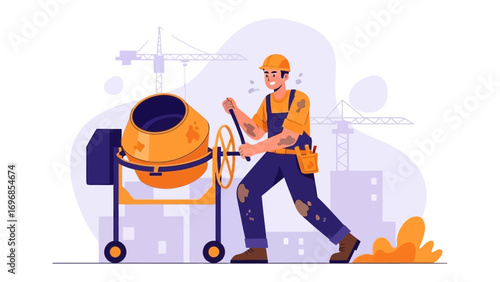Concrete Construction: A construction worker, the artisan of industry, diligently operates a concrete mixer, ready to forge structures, demonstrating a fusion of industry and craftsmanship.