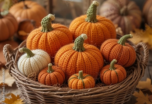 Wallpaper Mural Group of knitted pumpkin toys in different sizes and colors, arranged in wicker basket with autumn setting, Halloween decoration. Torontodigital.ca