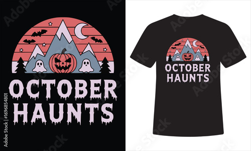Spooky October Haunts Halloween T-Shirt – Retro Mountains, Pumpkin, Ghosts & Bats