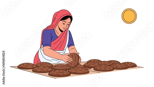 Daily Labor: A worker in traditional attire meticulously prepares and arranges a collection of round items, illuminated by the warmth of the sun in a depiction of daily routines.