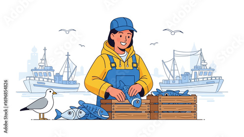 Fisherwoman at Work: A skilled fisherwoman at work, meticulously preparing fresh fish, framed against a picturesque backdrop of fishing boats, the tranquil ocean, and free-flying seagulls.