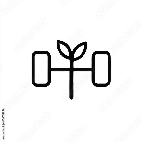 Minimalist fitness and growth icon with dumbbell and plant sprout, black and white, natural strength or organic wellness symbol with copy space