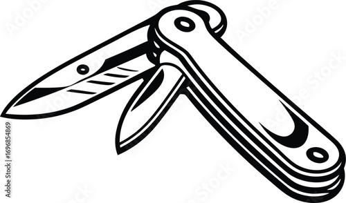 Isolated black and white illustration of a switchblade knife with a sleek. The knife symbolizes danger, rebellion, commonly associated, street culture, tattoo art.