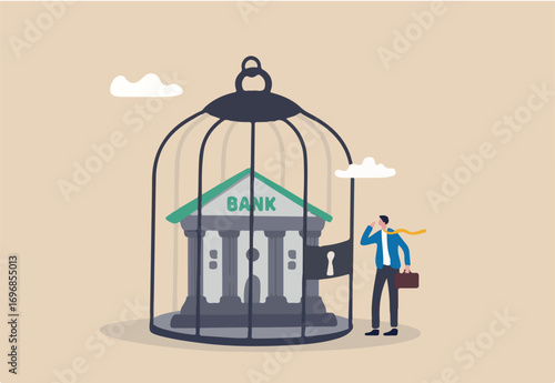 Financial sanction disconnect from SWIFT international money transfer, lockdown bank transaction against Russian war concept, businessman look at bank building locked inside bird cage.