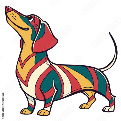 Colorful cartoon dachshund dog with abstract pattern