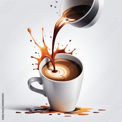 Dynamic coffee pouring into a mug with an artistic splash effect