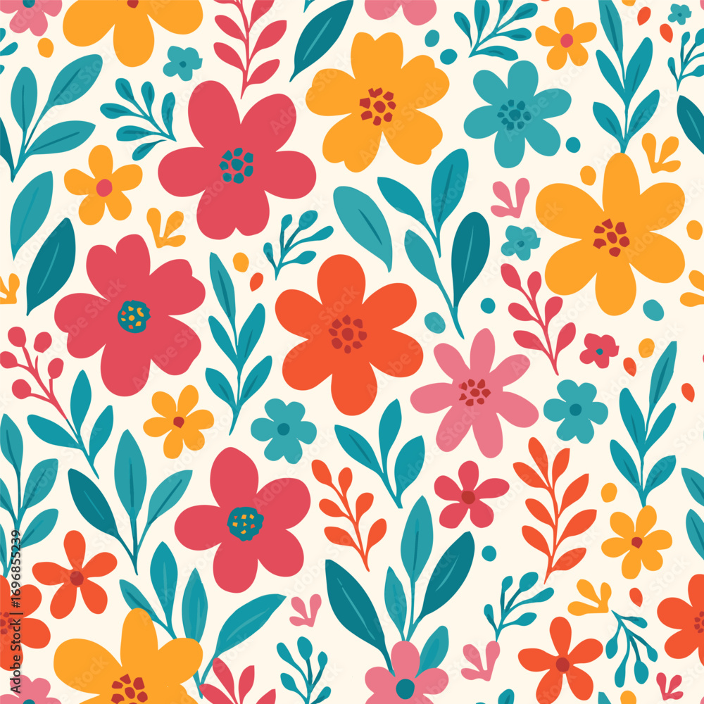 Fototapeta premium Colorful Floral Seamless Pattern with Decorative Leaves and Blossoms Vector Design