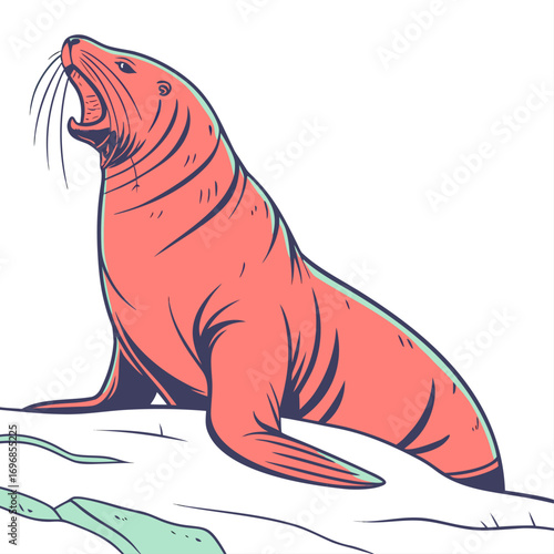 A red sea lion with mouth open on an icy surface