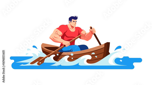 Rowing on the Water: An animated man navigates a wooden boat on the open water with determination.