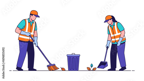 Community Cleanup: Two dedicated street cleaners diligently sweeping away leaves and debris, symbolizing civic duty and environmental responsibility.