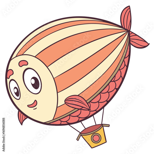 Cute cartoon fish shaped airship flying in the sky