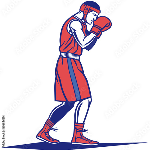 Boxer in red helmet and gloves in defensive stance