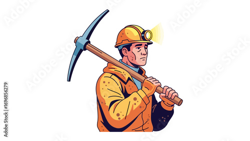 Miner: A strong miner, ready for the job, stands with a pickaxe on his shoulder, wearing a helmet with a spotlight.