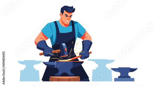 Artisan's Forge: Witness the intense focus of an artisan as they forge a metal piece upon an anvil. Sparks fly in this illustrative depiction of skilled craftsmanship.