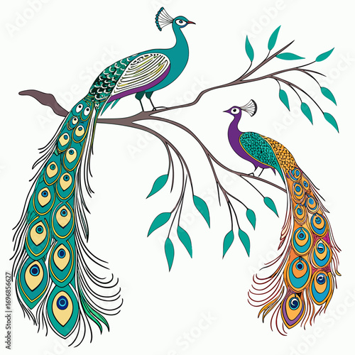 Two decorative peacocks perched on a branch with green leaves