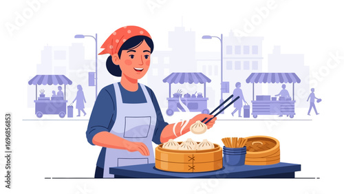 Culinary Street Scene: A street vendor skillfully prepares and serves freshly made dumplings, her presence adding a touch of culinary excellence to a vibrant urban scene.