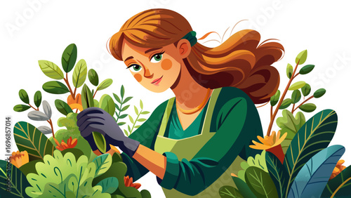 Close-up portrait of female gardener trimming leaves delicately. White background emphasizes patience, greenery, and outdoor artistry.