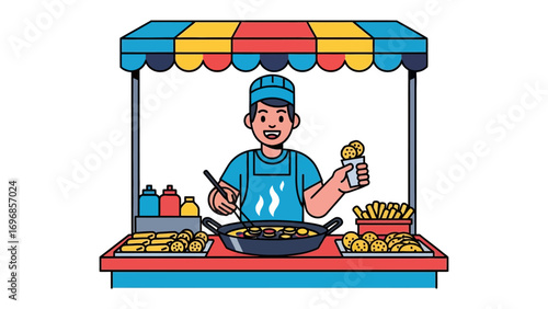Culinary Craft at the Food Stall: A charming depiction of a street food vendor expertly preparing savory treats within a brightly colored stall.