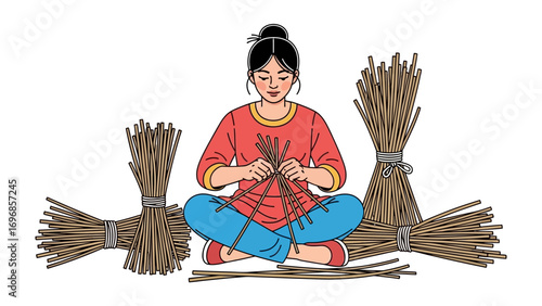 Artisan at Work: An artisan masterfully weaves natural materials, showcasing traditional craftsmanship and cultural heritage.