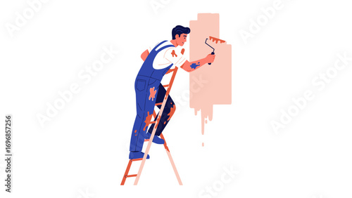 Painter at Work: A determined painter on a ladder diligently applies fresh color with a roller, showcasing dedication to the craft, emphasizing the creative process of home improvement or renovation.