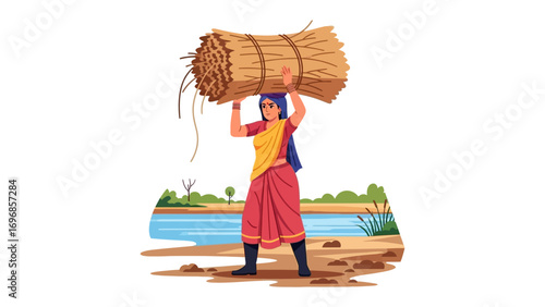 Village Woman Carrying Hay: A hardworking village woman gracefully balances a heavy bundle of hay atop her head, navigating a sandy path, demonstrating resilience and simplicity.