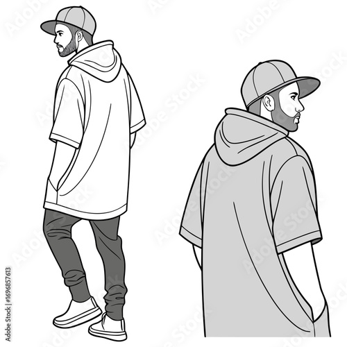 Stylish young man wearing a short sleeve hoodie and baseball cap shown from the back