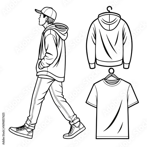 Stylish young man in a hoodie and baseball cap walking with separate clothing items
