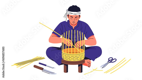 Craftsmanship in the Making: A skilled artisan, immersed in the art of basket weaving, meticulously crafts each element, showcasing dedication to detail and traditional skill.