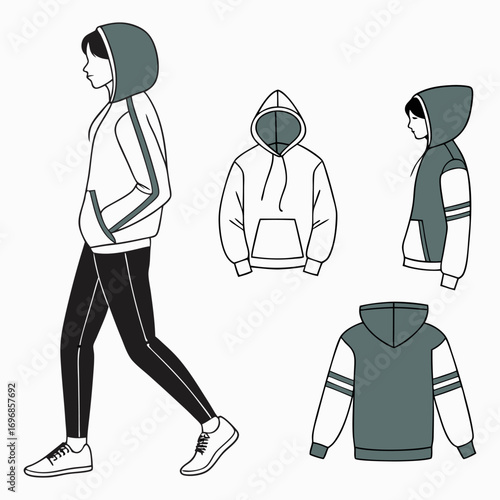 Set of five stylish hoodies and sweatshirts with gym varsity and oversized designs