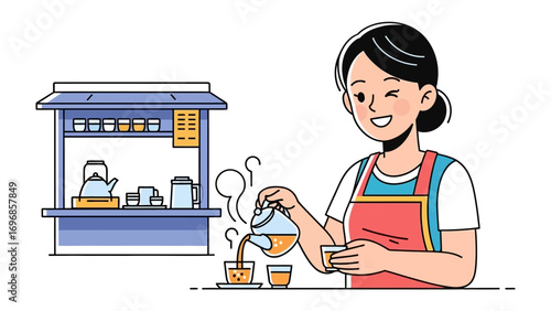 Tea Pouring at the Stall: A friendly female vendor pours freshly brewed tea from a traditional kettle into two teacups, a simple, colorful illustration of service, hospitality and beverage culture.