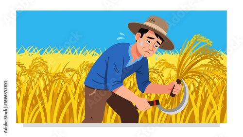 Harvesting the Golden Grain: A diligent farmer battles sweat and toil in the radiant embrace of a sun-kissed field, reaping a bountiful harvest.