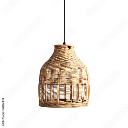 Hanging woven rattan pendant lamp with black cord on white background. 